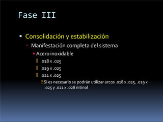 Fase III
 Consolidación y estabilización
 Manifestación completa del sistema
◾Acero inoxidable
🢝 .018 x .025
🢝 .019 x .025
🢝 .021 x .025
🞄Si es necesario se podrán utilizar arcos .018 x .025, .019 x
.025 y .021 x .028 nitinol
 