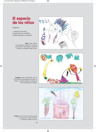 En Cursiva Nº6 - Interiores:A4 15/09/2010 8:50 Page 32




              El espacio
              de los niños
              Preguntas:

              1. ¿Qué es lo que más
              te gusta hacer en el jardín?
              2. ¿Qué aprendés en el jardín?




                                         Felipe. 4 años. Córdoba.
                    1. Me gusta jugar y escuchar los cuentos que
                   cuenta la seño. 2. Me enseñan a compartir la
                       merienda y los juguetes, también a pintar.




                    Guadalupe. 4 años. Villa Mercedes, San Luis.
               1. Lo que más me gusta del jardín es el patio y mi
                   señorita. 2. Aprendo a dibujar a la Carmela (su
                                perra), las personas y el zoológico.




                 Catalina. 4 años. Lanús, Pcia. de Buenos Aires.
                        1. A mí gusta cantar y jugar con pelotas.
                              2. Aprendo a compartir mis cosas.

                                                                 32
 