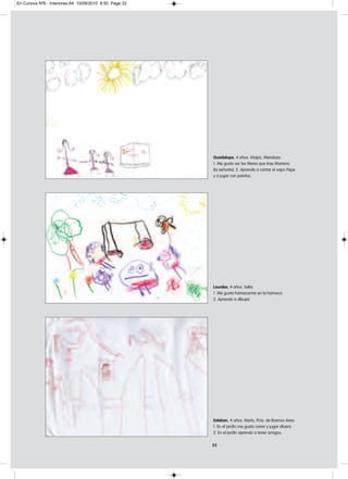 En Cursiva Nº6 - Interiores:A4 15/09/2010 8:50 Page 33




                                                         Guadalupe. 4 años. Maipú, Mendoza.
                                                         1. Me gusta ver los títeres que trae Mariana
                                                         [la señorita]. 2. Aprendo a cantar el sapo Pepe
                                                         y a jugar con pelotas.




                                                         Lourdes. 4 años. Salta.
                                                         1. Me gusta hamacarme en la hamaca.
                                                         2. Aprendo a dibujar.




                                                         Esteban. 4 años. Merlo, Pcia. de Buenos Aires.
                                                         1. En el jardín me gusta correr y jugar afuera.
                                                         2. En el jardín aprendo a tener amigos.

                                                         33
 