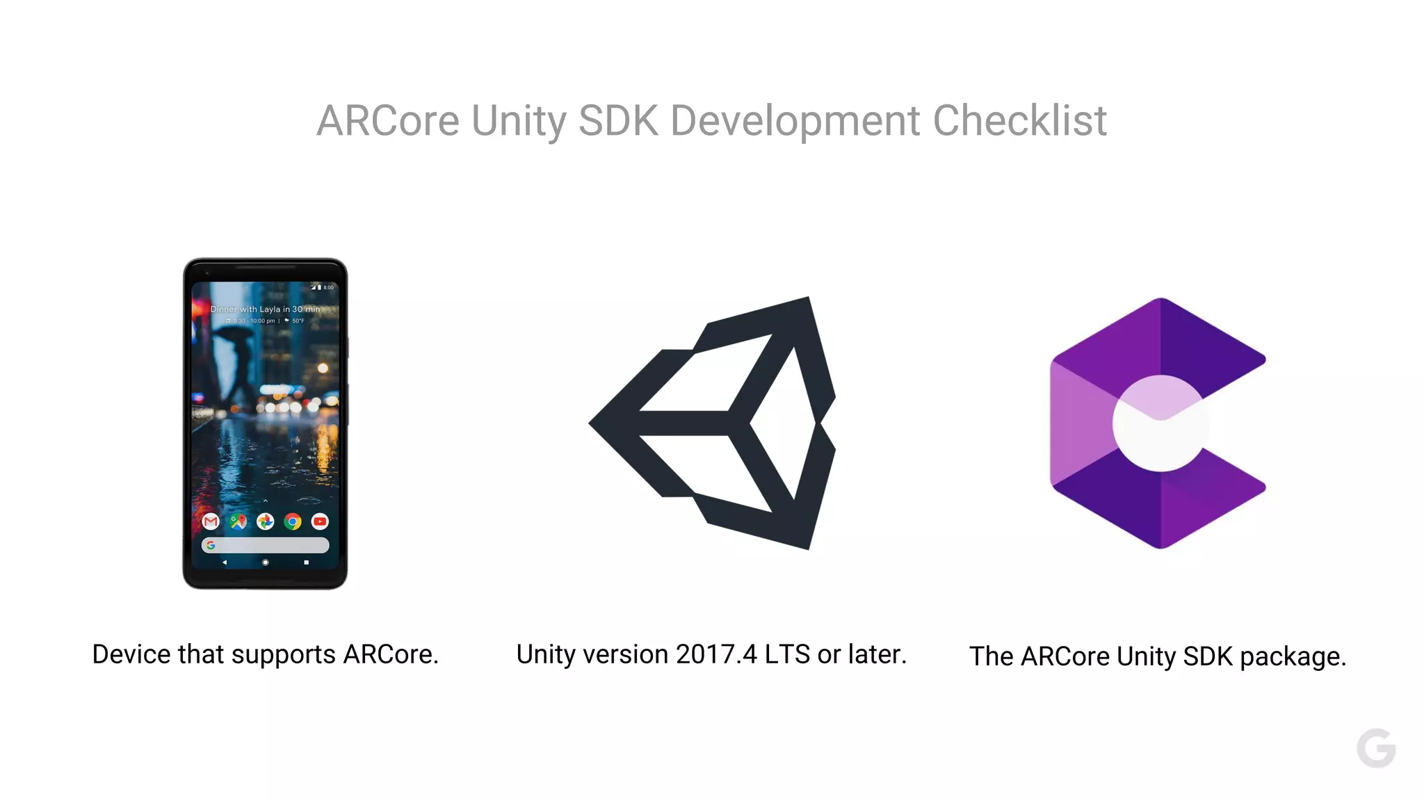 ARCore Unity SDK Development Checklist
Device that supports ARCore. Unity version 2017.4 LTS or later. The ARCore Unity SDK package.
 