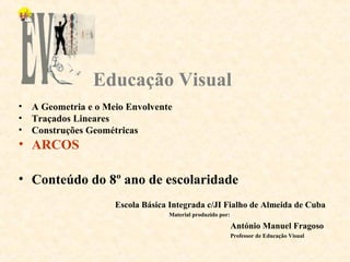 Educação Visual
• A Geometria e o Meio Envolvente
• Traçados Lineares
• Construções Geométricas
• ARCOS
• Conteúdo do 8º ano de escolaridade
Escola Básica Integrada c/JI Fialho de Almeida de Cuba
Material produzido por:
António Manuel Fragoso
Professor de Educação Visual
 