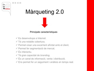 Màrqueting 2.0


             Principals característiques

 Es desenvolupa a Internet.
 Té una notable cobertura.
 Permet crear una excel·lent afinitat amb el client.
 Permet fer segmentació de mercat.
 És interactiu.
 Té gran capacitat de branding.
 És un canal de informació, venta i distribució.
 Ens permet fer un seguiment i anàlisis en temps real.
 