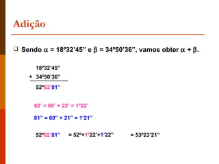 Adição

 Sendo α = 18º32’45” e β = 34º50’36”, vamos obter α + β.


      18º32’45”
    + 34º50’36”
      52º82’81”


      82’ = 60’ + 22’ = 1º22’

      81” = 60” + 21” = 1’21”


      52º82’81”     = 52º+1º22’+1’22”   = 53º23’21”
 