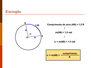 Exemplo

          B
                      1,5R       Comprimento do arco (AB) = 1,5 R
                                               ⇓
          R
                                        m(AB) = 1,5 rad
                  α
                             A                 ⇓
              O       R

                                       α = m(AB) = 1,5 rad




                                               comprimento
                                 α = m(AB) =
                                                    R
 