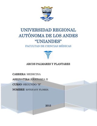 UNIVERSIDAD REGIONAL
AUTÓNOMA DE LOS ANDES
“UNIANDES”
FACULTAD DE CIENCIAS MÉDICAS
ARCOS PALMARES Y PLANTARES
CARRERA: MEDICINA
ASIGNATIRA: ANATOMIA II
CURSO: SEGUNDO “B”
NOMBRE: ESTEFANY FLORES.
2015
 