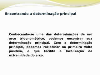 Encontrando a determinação principal
 Conhecendo-se uma das determinações de um
arco trigonométrico, podemos encontrar sua
determinação principal. Com a determinação
principal, podemos raciocinar na primeira volta
positiva, o que facilita a localização da
extremidade do arco.
 