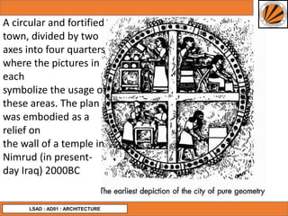 LSAD : AD01 : ARCHITECTURE
A circular and fortified
town, divided by two
axes into four quarters
where the pictures in
each
symbolize the usage of
these areas. The plan
was embodied as a
relief on
the wall of a temple in
Nimrud (in present-
day Iraq) 2000BC
 