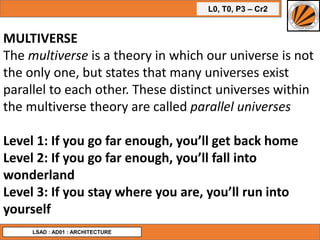 L0, T0, P3 – Cr2
LSAD : AD01 : ARCHITECTURE
MULTIVERSE
The multiverse is a theory in which our universe is not
the only one, but states that many universes exist
parallel to each other. These distinct universes within
the multiverse theory are called parallel universes
Level 1: If you go far enough, you’ll get back home
Level 2: If you go far enough, you’ll fall into
wonderland
Level 3: If you stay where you are, you’ll run into
yourself
 