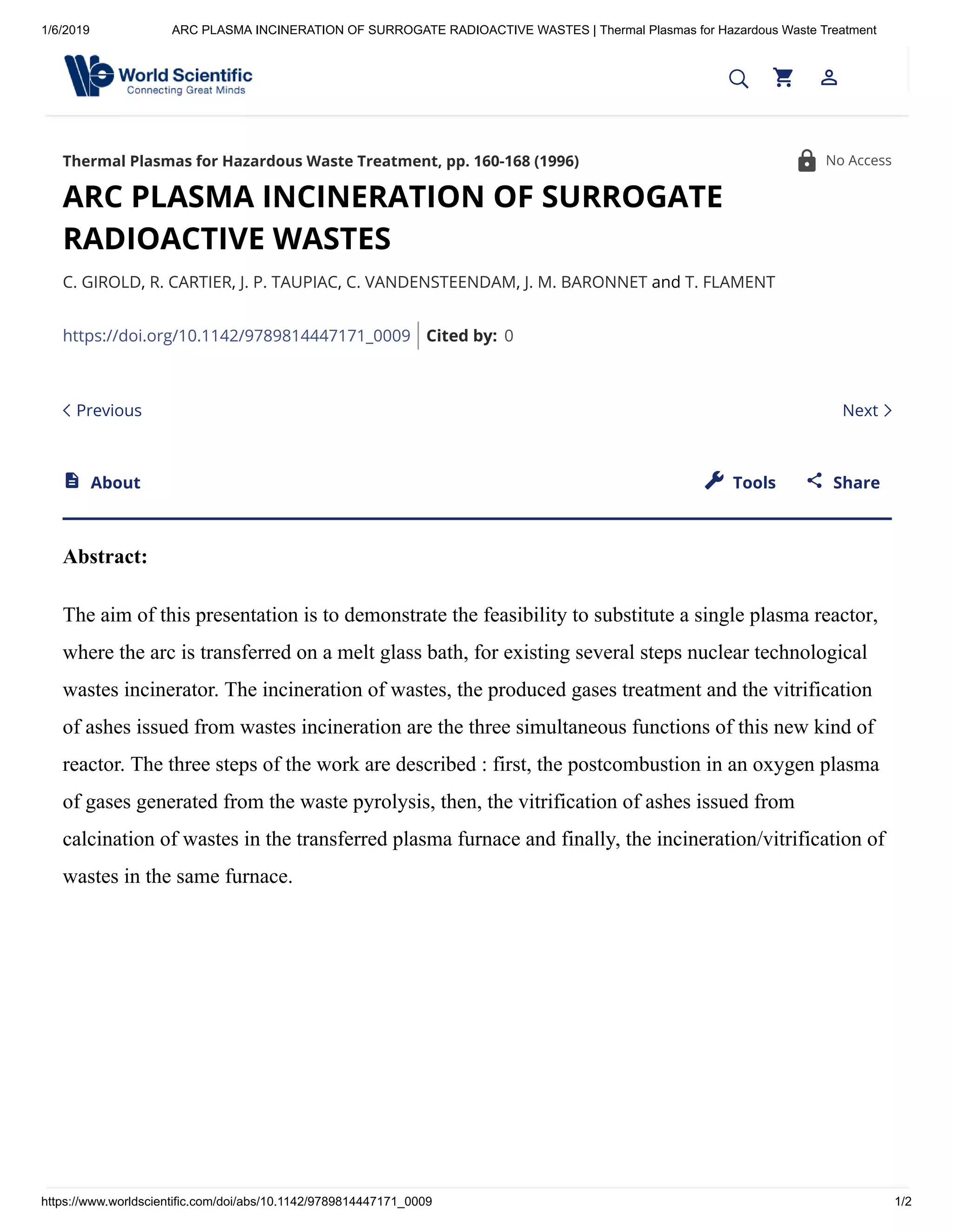 Arc plasma incineration of surrogate radioactive wastes thermal plasmas for hazardous waste