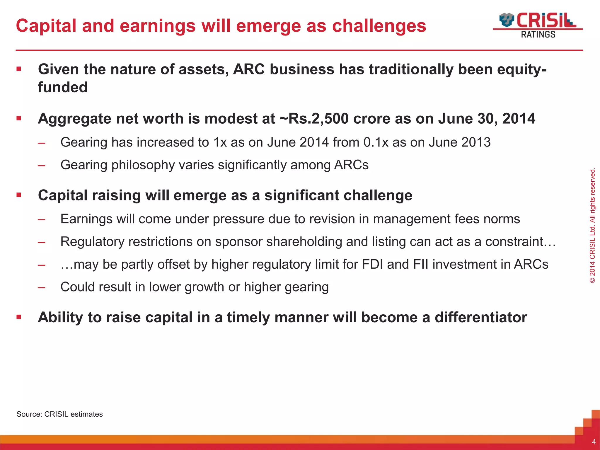 ForInternalUseOnly–NotForExternalDistribution©2014CRISILLtd.Allrightsreserved.
Capital and earnings will emerge as challenges
 Given the nature of assets, ARC business has traditionally been equity-
funded
 Aggregate net worth is modest at ~Rs.2,500 crore as on June 30, 2014
– Gearing has increased to 1x as on June 2014 from 0.1x as on June 2013
– Gearing philosophy varies significantly among ARCs
 Capital raising will emerge as a significant challenge
– Earnings will come under pressure due to revision in management fees norms
– Regulatory restrictions on sponsor shareholding and listing can act as a constraint…
– …may be partly offset by higher regulatory limit for FDI and FII investment in ARCs
– Could result in lower growth or higher gearing
 Ability to raise capital in a timely manner will become a differentiator
Source: CRISIL estimates
4
 
