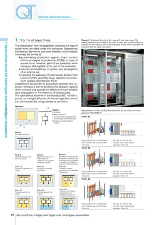 Technical Application Papers




                                                                   1.7	Forms of separation                                                                                    Figure 8 - Structural frame form 4b - view with rear doors open. The
                                                                                                                                                                              metallic separations mounted on the main busbars and on the distribution
1 Generalities about LV switchgear and controlgear assemblies




                                                                                                                                                                              busbars can be noted, as well as the insulating covers which complete the
                                                                   The designation form of separation indicates the type of                                                   compartments for cable connection
                                                                   subdivision provided inside the enclosure. Separations
                                                                   by means of barriers or partitions (metallic or non metallic
                                                                   materials) are aimed at:
                                                                   	 •	guaranteeing protection against direct contact
                                                                        (minimum degree of protection IPXXB), in case of
                                                                        access to an insulated part of the assembly when
                                                                        voltage is still applied to the rest of the assembly;
                                                                   	 •	reducing the likelihood of ignition and propagation
                                                                        of an internal arc;
                                                                   	 •	impeding the passage of solid foreign bodies from
                                                                        one unit of the assembly to an adjacent one (mini-
                                                                        mum degree of protection IP2X).
                                                                   A partition is an element of separation between two cu-
                                                                   bicles, whereas a barrier protects the operator against
                                                                   direct contact and against the effects of circuit-breaker
                                                                   arcs propagating in the direction of usual access.
                                                                   The table below, taken from the Standard IEC 60439-1,
                                                                   points out the typical forms of internal separation which
                                                                   can be obtained by using barriers or partitions:
                                                                   Symbols
                                                                                                                     d
                                                                                                                             Caption                                          Representation of the structural frames in form 3a, 3b and 4b for switch-
                                                                                                                             a Enclosure                                      gear type PC3.0/MNS R
                                                                                                                             b Internal separation
                                                                                                                             c Functional units including terminals           Form 3a
                                                                                                                               for associated external conductors
                                                                                                                             d Busbars, including distribution
                                                                                                                               busbars
                                                                                                         c
                                                                       a         b


                                                                   Form 1
                                                                   (no internal separation)


                                                                                                                                                                              Structural frame of a compartment     Top view of a column with
                                                                                                                                                                              with moulded-case circuit-breaker     moulded-case circuit-breaker
                                                                                                                                                                              in form 3a                            separated in form 3a
                                                                                                                                                                              Form 3b


                                                                   Form 2                         Form 3                               Form 4
                                                                   Separation of busbars from     Separation of busbars from           Separation of busbars from the
                                                                   the functional units           the functional units                 functional units – separation of all
                                                                                                  – separation of all functional       functional units from one another
                                                                                                  units from one another               – separation of terminals from
                                                                                                                                       those of any other functional unit
                                                                   Form 2a                        Form 3a                              Form 4a
                                                                   Terminals not separated from   Terminals not separated              Terminals in the same
                                                                   busbars                        from busbars                         compartment as the associated
                                                                                                                                       functional unit                        Structural frame of a compartment     Top view of a column with
                                                                                                                                                                              with moulded-case circuit-breaker     moulded-case circuit-breaker
                                                                                                                                                                              in form 3b                            separated in form 3b
                                                                                                                                                                              Form 4b



                                                                                                                                        Form 4b
                                                                   Form 2b                        Form 3b                               Terminals not in the same
                                                                   Terminals separated from       Terminals separated from              compartment as the
                                                                   busbars                        busbars                               associated functional unit



                                                                                                                                                                              Structural frame of a compartment     Top view of a column with
                                                                                                                                                                              with moulded-case circuit-breaker     moulded-case circuit-breaker
                                                                                                                                                                              in form 4b                            separated in form 4b


                                                                10 Arc-proof low voltage switchgear and controlgear assemblies
 