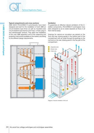 Technical Application Papers




                                     Typical compartments and cross-sections                     Ventilation
                                     ABB SACE PC3.0/MNS R switchboards have been                 To guarantee an effective natural ventilation of the in-
4 ABB SACE arc-proof switchgear




                                     designed and built for the installation of both ABB air     stalled components, PC3.0/MNS R switchgears have
                                     circuit-breakers type Emax as well as moulded-case          been designed so as to create separate air flows in all
                                     circuit-breakers type Isomax and Tmax, in fixed, plug-in    their internal areas.
                                     and withdrawable versions. They allow the installation
                                     of the main ABB apparatus and of the measuring and          Gratings for natural air circulation are placed on the
                                     protection instruments available on the market, according   front and rear closing panels in the bottom part of the
                                     to the different design requirements.                       compartment with air outlet through the gratings on the
                                                                                                 roof and on the rear closing panel in the top part of the
                                                                                                 compartment.


                                                                                                 A	 = Apparatus area
                                                                                                 B	 = Busbar area
                                                                                                 C	 = Cable area




                                                                                                                                              C


                                                                                                                                         B
                                                                                                                                A




                                                                                                 Diagram of natural ventilation of the unit




                                  24 Arc-proof low voltage switchgear and controlgear assemblies
 