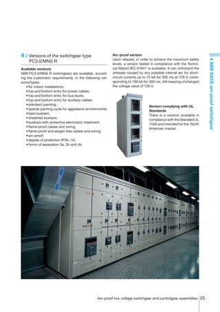 4.2	Versions of the switchgear type                       Arc-proof version
                                                          Upon request, in order to achieve the maximum safety




                                                                                                                     4 ABB SACE arc-proof switchgear
	    PC3.0/MNS R
                                                          levels, a version tested in compliance with the Techni-
Available versions                                        cal Report IEC 61641 is available. It can withstand the
ABB PC3.0/MNS R switchgears are available, accord-        stresses caused by any possible internal arc for short-
ing the customers’ requirements, in the following ver-    circuit currents up to 75 kA for 500 ms at 726 V, corre-
sions/types:                                              sponding to 100 kA for 300 ms, still keeping unchanged
	 •	for indoor installations;                             the voltage value of 726 V.
	 •	top and bottom entry for power cables;
	 •	top and bottom entry for bus ducts;
	 •	top and bottom entry for auxiliary cables;
	 •	standard painting;
                                                                                 Version complying with UL
	 •	special painting cycle for aggressive environments;
                                                                                 Standards
	 •	bare busbars;
                                                                                 There is a solution available in
	 •	sheathed busbars;
                                                                                 compliance with the Standard UL
	 •	busbars with protective electrolytic treatment;
                                                                                 1558 and intended for the North
	 •	flame-proof cables and wiring;
                                                                                 American market.
	 •	flame-proof and alogen free cables and wiring;
	 •	arc-proof;
	 •	degree of protection IP30...54;
	 •	forms of separation 3a, 3b and 4b.




                                                Arc-proof low voltage switchgear and controlgear assemblies 25
 
