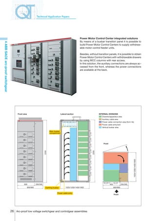 Technical Application Papers




                                                                                                                 Power Motor Control Center integrated solutions
                                                                                                                 By means of a busbar transition panel it is possible to
4 ABB SACE arc-proof switchgear




                                                                                                                 build Power Motor Control Centers to supply withdraw-
                                                                                                                 able motor control feeder units.

                                                                                                                 Besides, without transition panels, it is possible to obtain
                                                                                                                 Power Motor Control Centers with withdrawable drawers
                                                                                                                 by using MCC columns with rear access.
                                                                                                                 In this solution, the auxiliary connections are always ac-
                                                                                                                 cessed from the front, whereas the power connections
                                                                                                                 are available at the back.




                                        Front	view                                            Lateral	section                       INTERNAL	DIVISIONS
                                                                                                                                       Drawers/apparatus area
                                                                                                                                       Auxiliary cable area
                                                                                                                                       Power cable connection area (form 4b)
                                                                                                                                       Power cable entry/exit
                                                                                                                                       Vertical busbar area

                                                                                Main busbar
                                                                                compartment




                                                                                                                                         Front
                                                                         2200




                                                                                                                             2200




                                                                                                                                                                           025/200/400/600




                                               600             200/300                                                                           600             200/300
                                                     800/900               Earthing busbar         025/200/400/600                                 800/900


                                                                                        Power cable entry
                                                                                                                                                       Front




                                  26 Arc-proof low voltage switchgear and controlgear assemblies
 
