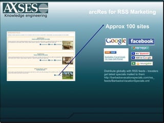 . .  Knowledge engineering Distribute globally with RSS feeds - travelers get latest specials mailed to them http://barbadosvacationspecials.com/rss_ feeds/BarbadosVacationSpecials.xml  Approx 100 sites arcRes for RSS Marketing 