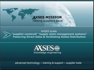 AXSES builds  " supplier-centered " " supply chain management systems " Featuring   Direct Sales & facilitating   Global Distribution knowledge engineering AXSES MISSION helping suppliers excel advanced technology – training & support – supplier tools 