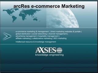 knowledge engineering arcRes e-commerce Marketing e-commerce marketing & management  | direct marketing websites & portals | global distribution | social networking | channel management |  advertising management | hospitality management |  affiliate marketing | collaborative marketing | SEO marketing Intellectual resource & knowledge management 