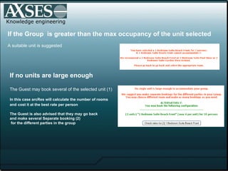 . Knowledge engineering If the Group  is greater than the max occupancy of the unit selected A suitable unit is suggested If no units are large enough The Guest may book several of the selected unit (1) In this case arcRes will calculate the number of rooms  and   cost it at the best rate per person The Guest is also advised that they may go back  and make several Separate booking (2)   for the different parties in the group 