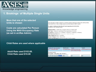 . Knowledge engineering More that one of the selected  Units is chosen Costs are calculated Per Person  Using the MAX-Occupancy Rate (as set in arcRes Admin) Child Rates are used where applicable Adult Rate used $103.68.  Child Rate used $10.00 1. Bookings  of Multiple Single Units  
