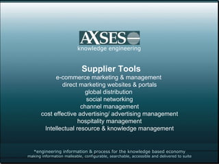 *engineering information & process for the knowledge based economy making information malleable, configurable, searchable, accessible and delivered to suite knowledge engineering Supplier Tools e-commerce marketing & management  direct marketing websites & portals global distribution  social networking channel management cost effective advertising/ advertising management hospitality management Intellectual resource & knowledge management 