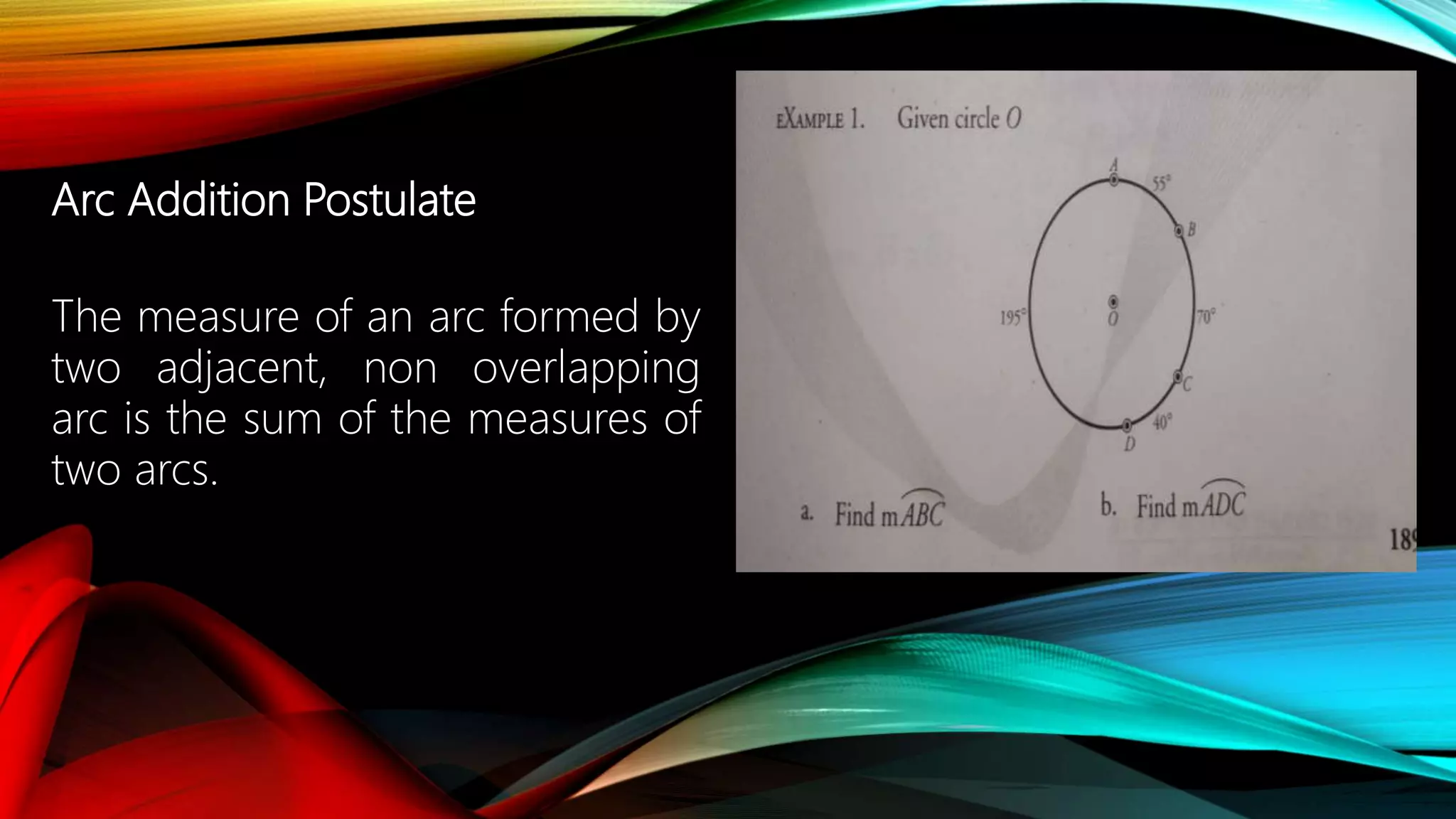 Arc Addition Postulate
The measure of an arc formed by
two adjacent, non overlapping
arc is the sum of the measures of
two arcs.