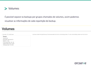 Volumes
É possível separar os backups por grupos chamados de volumes, assim podemos
visualizar as informações de cada repartição do backup.
 