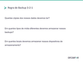 Regra de Backup 3-2-1
7
Quantas cópias dos nossos dados devemos ter?
Em quantos tipos de mídia diferentes devemos armazenar nossos
backups?
Em quantos locais devemos armazenar nossos dispositivos de
armazenamento?
 