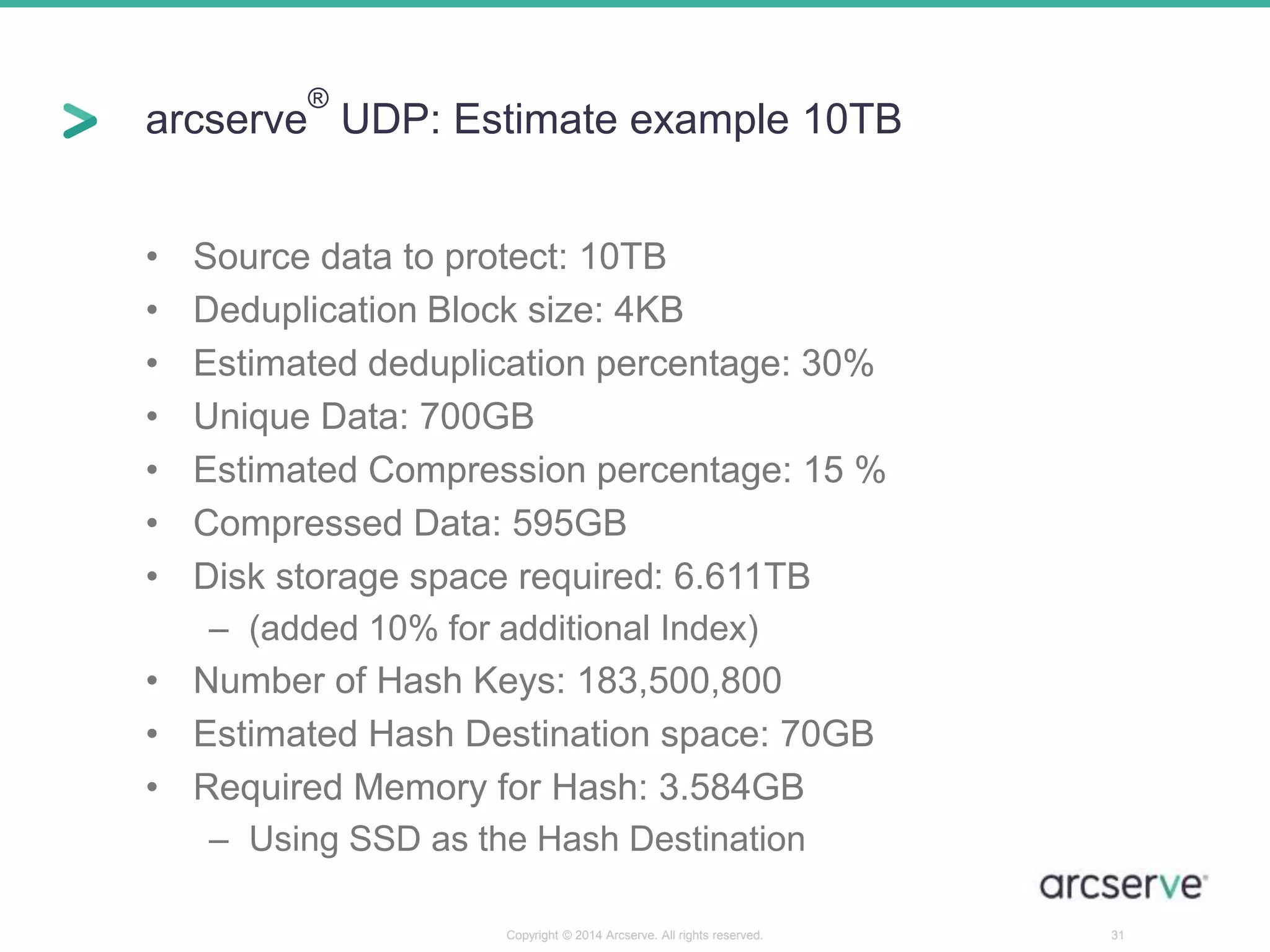 arcserve 
® 
UDP: Estimate example 10TB 
• Source data to protect: 10TB 
• Deduplication Block size: 4KB 
• Estimated deduplication percentage: 30% 
• Unique Data: 700GB 
• Estimated Compression percentage: 15 % 
• Compressed Data: 595GB 
• Disk storage space required: 6.611TB 
– (added 10% for additional Index) 
• Number of Hash Keys: 183,500,800 
• Estimated Hash Destination space: 70GB 
• Required Memory for Hash: 3.584GB 
– Using SSD as the Hash Destination 
Copyright © 2014 Arcserve. All rights reserved. 31 
 