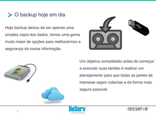 O backup hoje em dia
2
Um objetivo consolidado antes de começar
a executar suas tarefas é realizar um
planejamento para que todas as partes de
interesse sejam cobertas e da forma mais
segura possível.
Hoje backup deixou de ser apenas uma
simples cópia dos dados, temos uma gama
muito maior de opções para melhorarmos a
segurança da nossa informação.
 