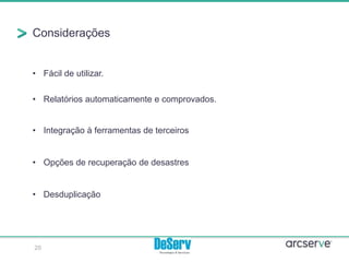 Considerações
• Fácil de utilizar.
• Relatórios automaticamente e comprovados.
• Integração à ferramentas de terceiros
• Opções de recuperação de desastres
• Desduplicação
20
 