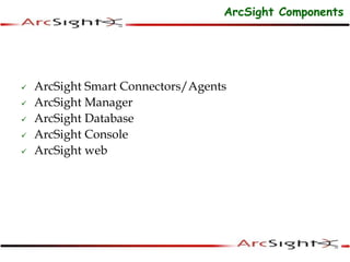  ArcSight Smart Connectors/Agents
 ArcSight Manager
 ArcSight Database
 ArcSight Console
 ArcSight web
ArcSight Components
 