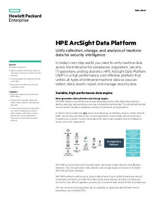 Data sheet
Scalable, high-performance data engine
Next-generation data collection and storage engine
HPE ADP delivers a cost-effective and universal Big Data solution that unifies data collection,
alerting, searching, and reporting on any type of enterprise machine data. This unified machine data
can be used for compliance, regulations, security, IT operations, and log analytics.
It collects machine data from any source (including logs, clickstreams, sensors, stream network
traffic, security devices, Web servers, custom applications, social media, and cloud services).
It enables you to search, monitor, and analyze the data to gain valuable security intelligence
across your entire organization.
HPE ArcSight Data Platform
Unify collection, storage, and analysis of machine
data for security intelligence
In today’s non-stop world, you need to unify machine data
across the enterprise for compliance, regulations, security,
IT operations, and log analytics. HPE ArcSight Data Platform
(ADP) is a high performance, cost-effective platform that
unifies all types of enterprise machine data so you can
collect, store, search, report, and manage security data.
Benefits
Provides the ability to:
•	 Capture variety, volume, and velocity of
information necessary to detect security
breaches
•	 Set up, upgrade, and maintain with just
a few clicks
•	 Store data cost-effectively with high
compression ratio
Highlights
•	 Massively scalable, high performance
data engine
•	 Architected for breadth, depth, and
speed of data collection that Big Data
demands
•	 Collects and stores machine data from
any source (including logs, network
traffic streams, clickstreams, sensors,
Web servers, custom applications,
hypervisors, social media, and cloud
services)
ArcSight Data
Platform
Enterprise security
management
User behavior
analytics
Third-party
applications
Hadoop
Hunt tools
Visualization
tools
Servers
Data centers
Security
devices
Laptops
Smartphones
and mobile devices
Web data
(logs and
clickstreams)
Network devices
Applications
Call logs
Network traffic
streams
Rich media
content
Social
media
Web 2.0
HPE ADP is now architected for breadth, depth, and speed of data collection that Big Data
demands. This next-generation data collection and storage engine are based on the latest
HPE ProLiant Gen9 hardware.
HPE ADP architecture allows you to capture data at rates of up to 400,000 events per second,
compresses and stores up to 480 TB of data, and executes searches at millions of events per
second. Our new efficient appliance provides up to 49 percent faster searches than its predecessor.
The new Connector Host Appliance has the capability to ingest raw data 5X faster than its
predecessor (up to 25,000 EPS).
 