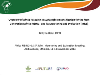 Overview of Africa Research in Sustainable Intensification for the Next
Generation (Africa RISING) and its Monitoring and Evaluation (M&E)
Beliyou Haile, IFPRI

Africa RISING–CSISA Joint Monitoring and Evaluation Meeting,
Addis Ababa, Ethiopia, 11-13 November 2013

 