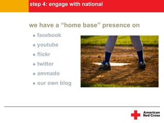 step 4: engage with national


we have a “home base” presence on
  facebook
  youtube
  flickr
  twitter
  ammado
  our ow...