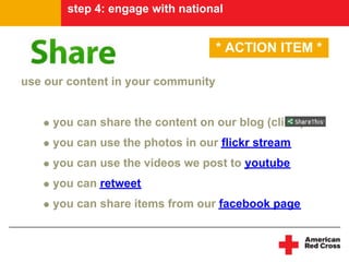 step 4: engage with national


                                    * ACTION ITEM *

use our content in your community


  ...