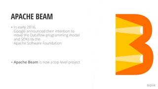 APACHE BEAM
‣ In early 2016, 
Google announced their intention to
move the Dataﬂow programming model
and SDKs to the 
Apache Software Foundation
‣ Apache Beam is now a top level project
@QVIK
 
