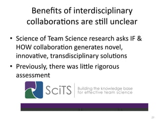Beneﬁts	
  of	
  interdisciplinary	
  
collaboraMons	
  are	
  sMll	
  unclear	
  
•  Science	
  of	
  Team	
  Science	
  research	
  asks	
  IF	
  &	
  
HOW	
  collaboraMon	
  generates	
  novel,	
  
innovaMve,	
  transdisciplinary	
  soluMons	
  
•  Previously,	
  there	
  was	
  liYle	
  rigorous	
  
assessment	
  
27	
  
 