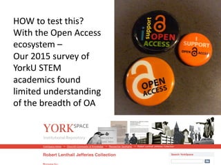 HOW	
  to	
  test	
  this?	
  
With	
  the	
  Open	
  Access	
  
ecosystem	
  –	
  
Our	
  2015	
  survey	
  of	
  
YorkU	
  STEM	
  
academics	
  found	
  
limited	
  understanding	
  
of	
  the	
  breadth	
  of	
  OA	
  
 