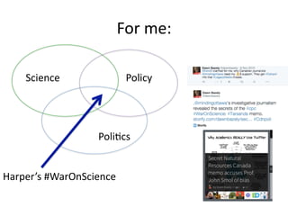 For	
  me:	
  
Science	
   Policy	
  
PoliMcs	
  
Harper’s	
  #WarOnScience	
  
 