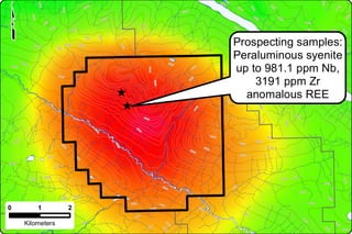 Prospecting samples:
                     Peraluminous syenite
                     up to 981.1 ppm Nb,
                         3191 ppm Zr
                       anomalous REE




0       1        2

    Kilometers
 