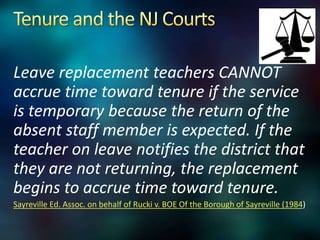 Leave replacement teachers CANNOT
accrue time toward tenure if the service
is temporary because the return of the
absent staff member is expected. If the
teacher on leave notifies the district that
they are not returning, the replacement
begins to accrue time toward tenure.
Sayreville Ed. Assoc. on behalf of Rucki v. BOE Of the Borough of Sayreville (1984)
 