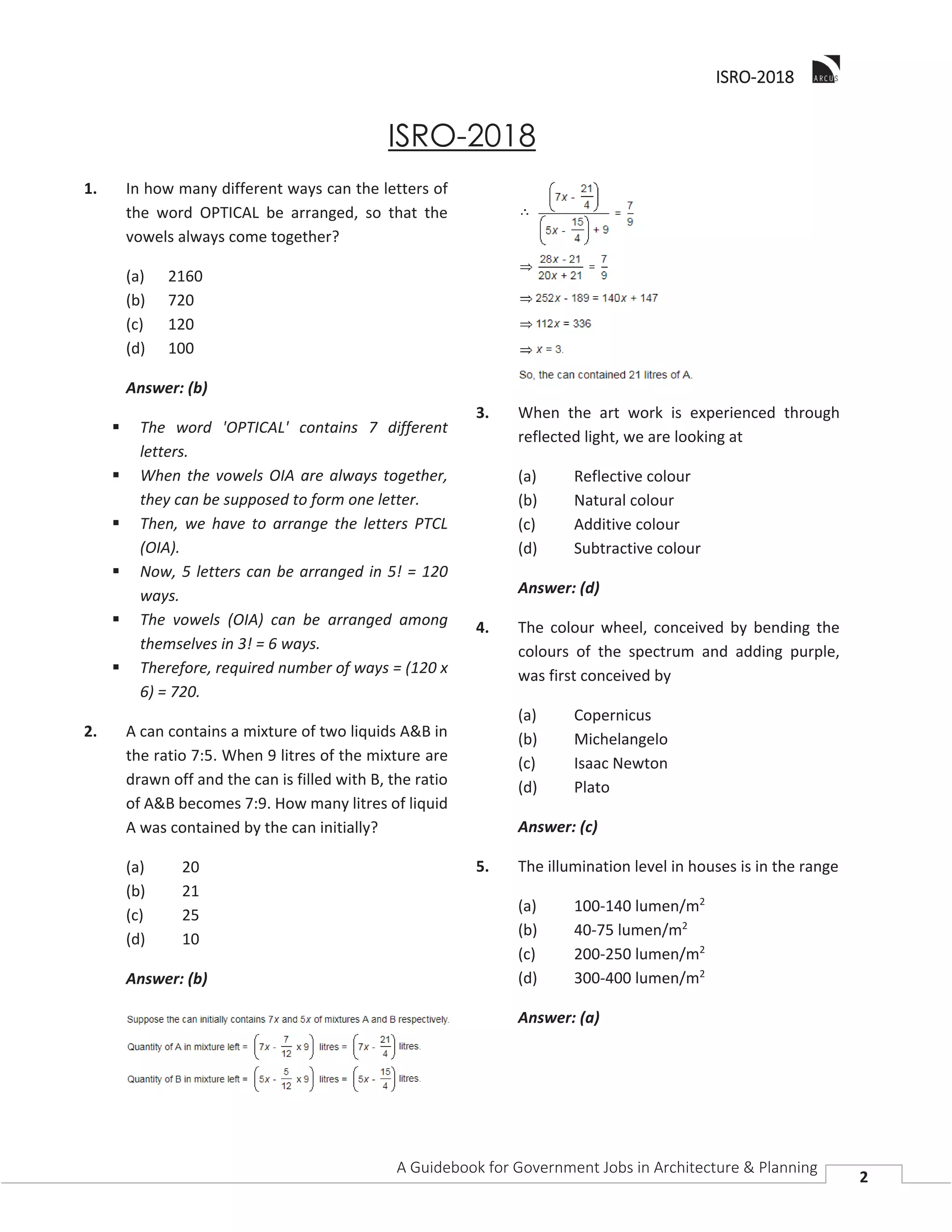 IISRO-2018
A Guidebook for Government Jobs in Architecture & Planning
2
ISRO-2018
1. In how many different ways can the letters of
the word OPTICAL be arranged, so that the
vowels always come together?
(a) 2160
(b) 720
(c) 120
(d) 100
Answer: (b)
The word 'OPTICAL' contains 7 different
letters.
When the vowels OIA are always together,
they can be supposed to form one letter.
Then, we have to arrange the letters PTCL
(OIA).
Now, 5 letters can be arranged in 5! = 120
ways.
The vowels (OIA) can be arranged among
themselves in 3! = 6 ways.
Therefore, required number of ways = (120 x
6) = 720.
2. A can contains a mixture of two liquids A&B in
the ratio 7:5. When 9 litres of the mixture are
drawn off and the can is filled with B, the ratio
of A&B becomes 7:9. How many litres of liquid
A was contained by the can initially?
(a) 20
(b) 21
(c) 25
(d) 10
Answer: (b)
3. When the art work is experienced through
reflected light, we are looking at
(a) Reflective colour
(b) Natural colour
(c) Additive colour
(d) Subtractive colour
Answer: (d)
4. The colour wheel, conceived by bending the
colours of the spectrum and adding purple,
was first conceived by
(a) Copernicus
(b) Michelangelo
(c) Isaac Newton
(d) Plato
Answer: (c)
5. The illumination level in houses is in the range
(a) 100-140 lumen/m2
(b) 40-75 lumen/m2
(c) 200-250 lumen/m2
(d) 300-400 lumen/m2
Answer: (a)
 