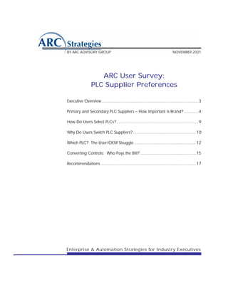 BY ARC ADVISORY GROUP                                                          NOVEMBER 2001




                     ARC User Survey:
                  PLC Supplier Preferences

Executive Overview ................................................................................ 3

Primary and Secondary PLC Suppliers – How Important Is Brand? ............ 4

How Do Users Select PLCs?.................................................................... 9

Why Do Users Switch PLC Suppliers? .................................................... 10

Which PLC? The User/OEM Struggle ................................................... 12

Converting Controls: Who Pays the Bill? .............................................. 15

Recommendations ............................................................................... 17




Enterprise & Automation Strategies for Industry Executives
 
