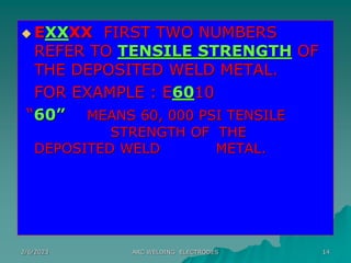 2/6/2023 ARC WELDING ELECTRODES 14
 EXXXX FIRST TWO NUMBERS
REFER TO TENSILE STRENGTH OF
THE DEPOSITED WELD METAL.
FOR EXAMPLE : E6010
“60” MEANS 60, 000 PSI TENSILE
STRENGTH OF THE
DEPOSITED WELD METAL.
 