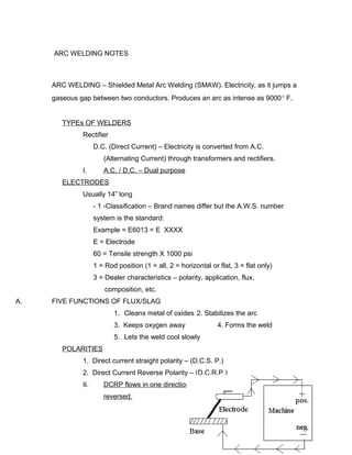 ARC WELDING NOTES
ARC WELDING – Shielded Metal Arc Welding (SMAW). Electricity, as it jumps a
gaseous gap between two conductors. Produces an arc as intense as 9000° F.
TYPEs OF WELDERS
Rectifier
D.C. (Direct Current) – Electricity is converted from A.C.
(Alternating Current) through transformers and rectifiers.
I. A.C. / D.C. – Dual purpose
ELECTRODES
Usually 14” long
- 1 -Classification – Brand names differ but the A.W.S. number
system is the standard:
Example = E6013 = E XXXX
E = Electrode
60 = Tensile strength X 1000 psi
1 = Rod position (1 = all, 2 = horizontal or flat, 3 = flat only)
3 = Dealer characteristics – polarity, application, flux,
composition, etc.
A. FIVE FUNCTIONS OF FLUX/SLAG
1. Cleans metal of oxides 2. Stabilizes the arc
3. Keeps oxygen away 4. Forms the weld
5. Lets the weld cool slowly
POLARITIES
1. Direct current straight polarity – (D.C.S. P.)
2. Direct Current Reverse Polarity – (D.C.R.P.)
II. DCRP flows in one direction also (- to +) but the leads are
reversed.
 