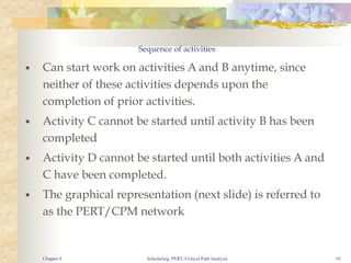 Scheduling, PERT, Critical Path Analysis 10
Sequence of activities
■ Can start work on activities A and B anytime, since
neither of these activities depends upon the
completion of prior activities.
■ Activity C cannot be started until activity B has been
completed
■ Activity D cannot be started until both activities A and
C have been completed.
■ The graphical representation (next slide) is referred to
as the PERT/CPM network
Chapter 8
 