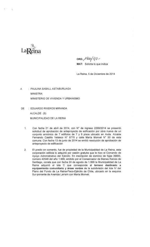 Carta enviada a Ministra de Vivienda