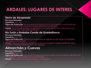 ARDALES: LUGARES DE INTERESSierra de AlcaparainRecursos NaturalesSuperficie (ha): 560Figura de Protección: Se encuentra protegido como zona forestal, careciendo de protección específica en la normativa de espacios naturales.Interés: Gran interés botánico y geológico, su interés paisajístico radica en lo que constituye el techo del Valle del Turón.Río Turón y Embalse Conde de GuadalhorceRecursos NaturalesSuperficie(ha): 900Figura de Protección: Espacio protegido por la vigente Ley de Aguas y los Planes Hidrológicos Nacionales.Interés: Interés ecológico y social por cuanto es el aporte imprescindible de agua potable a Málaga capital y Hoya de Málaga.Almorchón y CuevasRecursos NaturalesSuperficie (ha): 1120Figura de Protección: Declarado Paraje Natural de interés nacional dentro del ESPACIO NATURAL DEL DESFILADERO DE LOS GAITANES.Interés: Extraordinario interés ecológico y paisajístico.