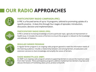 farmradio.org@farmradio
OUR RADIO APPROACHES
PARTICIPATORY RADIO CAMPAIGN (PRC)
A PRC is a focused series of up to 16 programs, tailored to promoting uptake of a
specific practice . It does this through four stages of episodes: introduction,
discussion, decision and implementation.
PARTICIPATORY RADIO SERIES (PRS)
A PRS is aimed at increasing knowledge around a particular topic, agricultural improvement or
health issue. It includes the voices of farmers to ensure the program is relevant to the knowledge
and attitudes of listeners.
REGULAR FARMER PROGRAM
A regular farmer program is an ongoing radio program geared to meet the information needs of
the listening audience. It builds a relationship between and among farmers, broadcasters and
extension services to share knowledge and amplify the voices of farmers.
RADIO MARKETPLACE (RMP)
An RMP is an ongoing radio program aimed at supporting farmers to secure the maximum value
from their harvest. These participatory programs address market barriers farmers may face and
discuss the basics of marketing: place, price, product and profit.
 