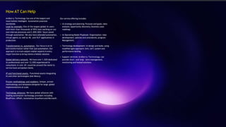 How AT Can Help
Ardberry Technology has one of the largest and
most holistic Intelligent Automation practices
worldwide.
Lead by example: One of the largest global IA users
with more than thousands of RPA bots working on our
own internal processes and 2,000,000+ hours saved
through automation. We also have attended automation,
virtual agents as well as ML and NLP applications in
production.
Transformation vs. automation: Our focus is on IA-
led transformation rather than just automation. Our
approach is to train subject matter experts in every
major function to bring clients a holistic solution.
Global delivery network: We have over 1,500 dedicated
IA professionals and over 12,000 experienced IA
consultants in over 40 countries around the world to
service local and global clients.
IP and functional assets: Functional assets integrating
IA and other technologies (bot library).
Proven methodology and enablers: Unique, proven
methodology and templates designed for large, global
implementations at scale.
Technology alliances: We have global alliances with
leading automation technology providers including
BluePrism, UIPath, Automation Anywhere and Microsoft.
Our service offering includes:
• IA strategy and planning: Purpose and goals; data
analysis; opportunity discovery; business case;
roadmap.
• IA Operating Model Playbook: Organization; roles
development; policies and procedures; program
Management.
• Technology development: IA design and build, using
modified agile approach; Unit, UAT, system and
performance testing.
• Support services: Ardberry Technology can
provide short- and long- term management,
monitoring and hosted solutions.
 